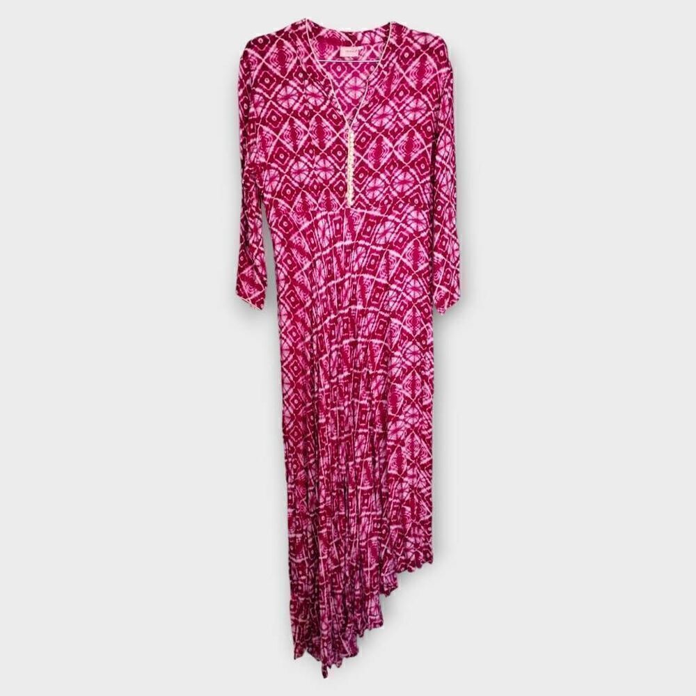 Vintage MOOHI Maxi Dress Large Pink Asymmetric Hem Long‎ Sleeves Buttons VNeck